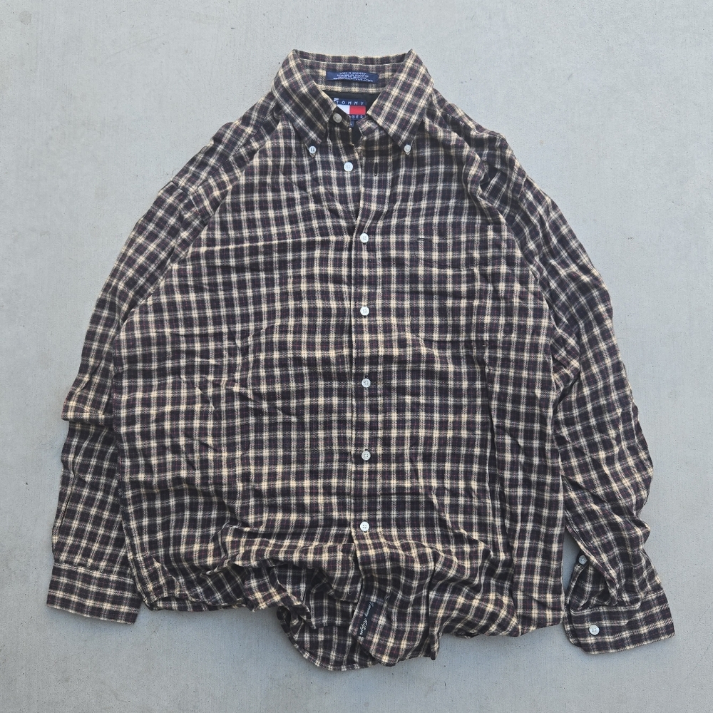 Tommy hilfiger vintage flannel shirt tan black 2000s y2k medium